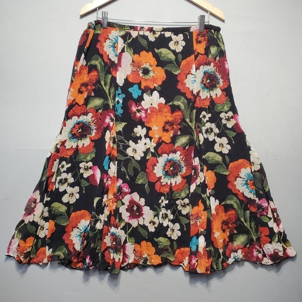 Chicos Silk Floral A-Line Midi Skirt Womens Large Black Lined Boho Cottagecore